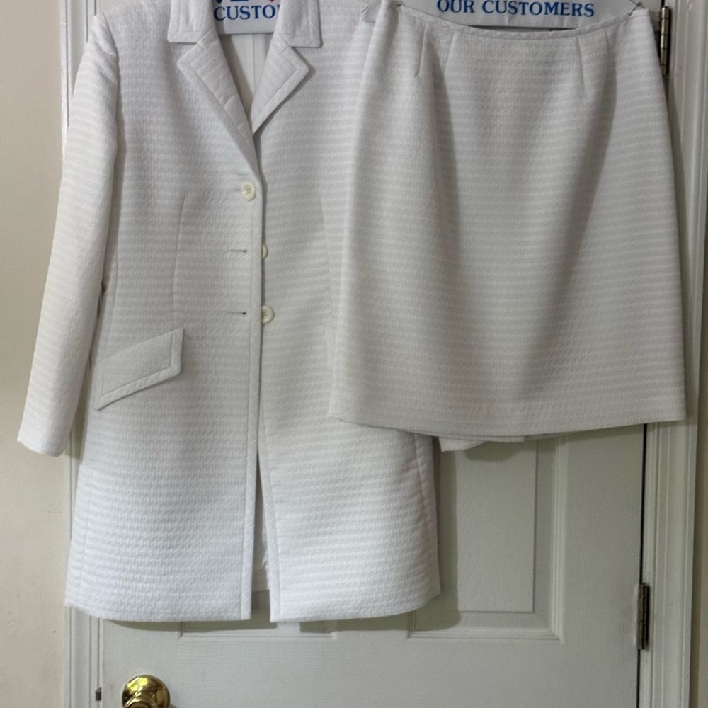 Le Suit White Textured Long Jacket and Skirt Set